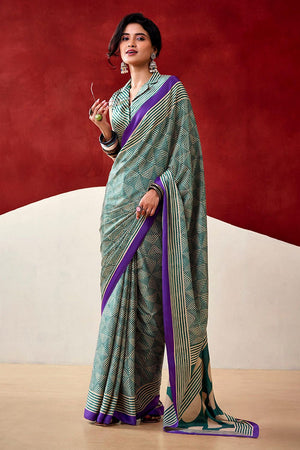 Turquoise Printed Satin Saree (Sudha-236)