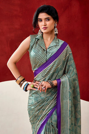 Turquoise Printed Satin Saree (Sudha-236)