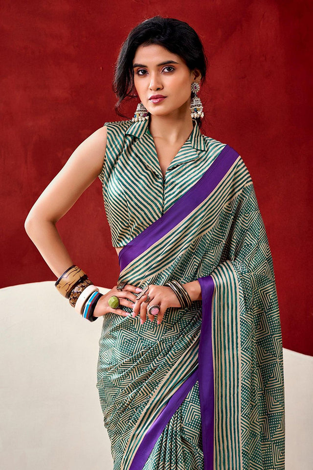 Turquoise Printed Satin Saree (Sudha-236)