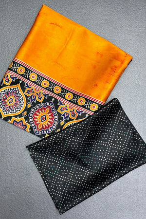 Orange Printed Satin Saree (Sudha-244)