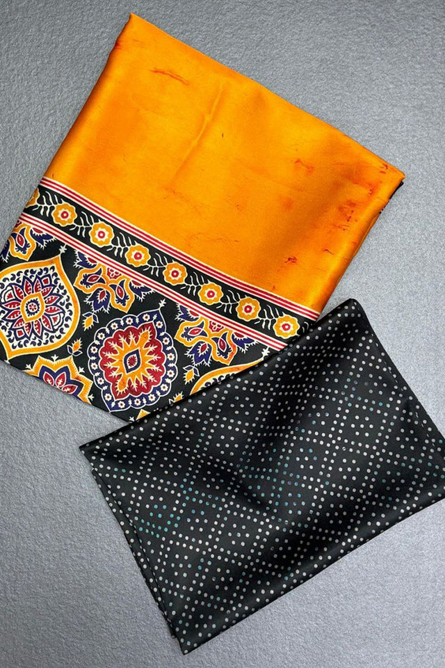 Orange Printed Satin Saree (Sudha-244)