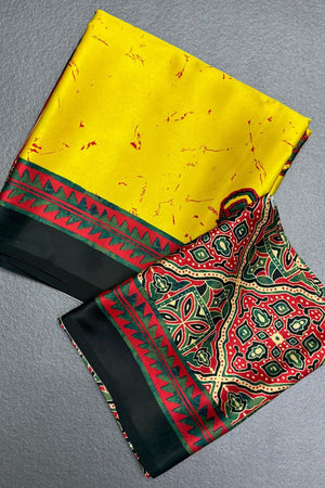 Yellow Printed Satin Saree (Sudha-245)