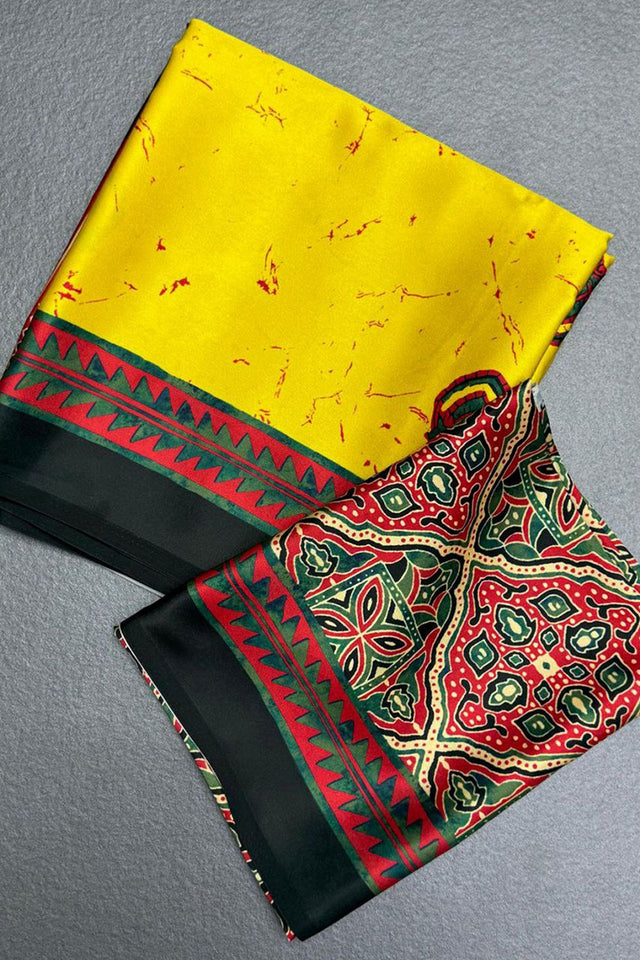 Yellow Printed Satin Saree (Sudha-245)