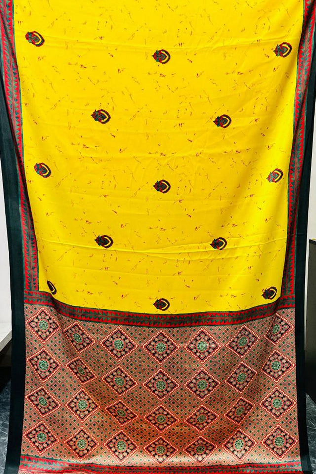 Yellow Printed Satin Saree (Sudha-245)