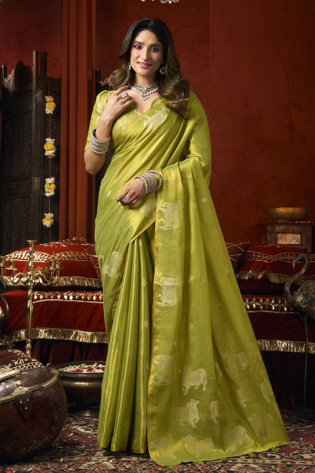 Olive Green Woven Tissue Saree (Supriya-3602)