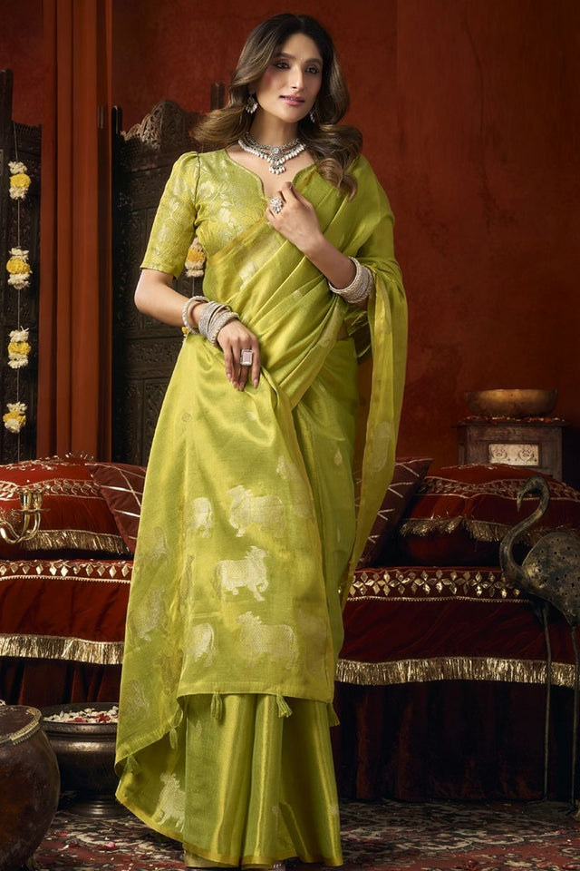 Olive Green Woven Tissue Saree (Supriya-3602)