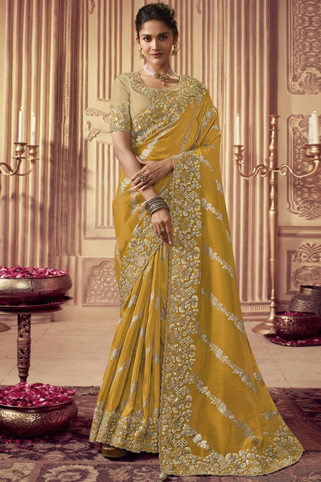 Mustard Viscose Resham Embroidery Party Wear Designer Saree