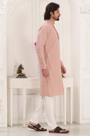 Pink Sequin Rayon Men's Kurta Set