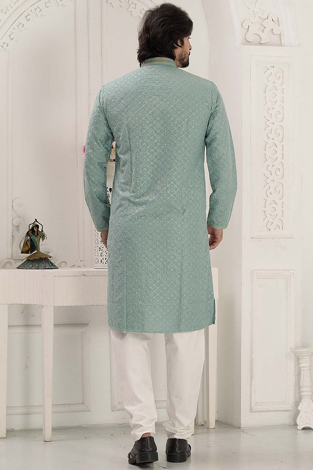 Turquoise Sequin Rayon Men's Kurta Set