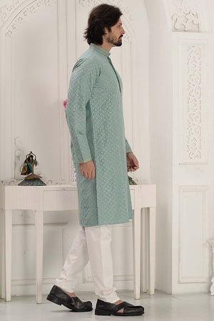 Turquoise Sequin Rayon Men's Kurta Set