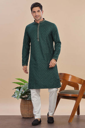 Green Sequin Rayon Men's Kurta Set