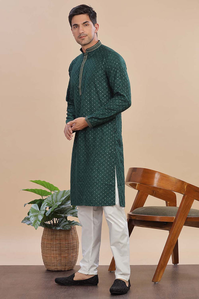 Green Sequin Rayon Men's Kurta Set