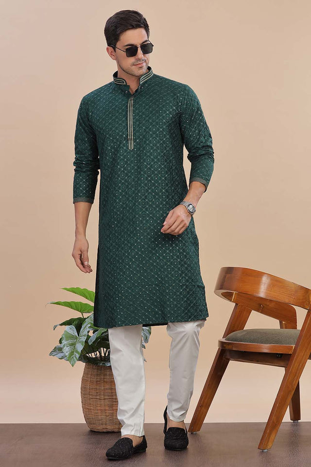 Green Sequin Rayon Men's Kurta Set