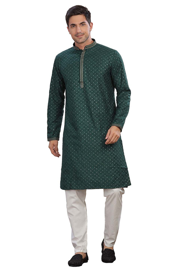 Green Sequin Rayon Men's Kurta Set