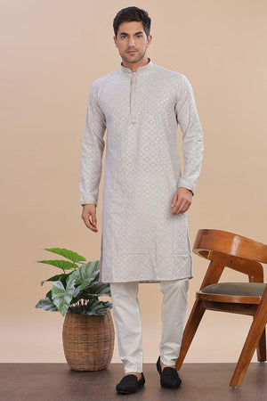 Grey Sequin Rayon Men's Kurta Set