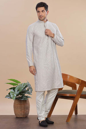 Grey Sequin Rayon Men's Kurta Set