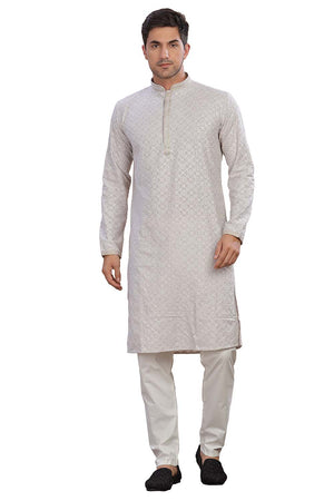 Grey Sequin Rayon Men's Kurta Set