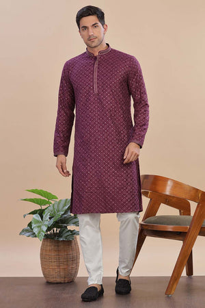 Red Sequin Rayon Men's Kurta Set