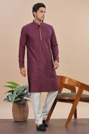 Red Sequin Rayon Men's Kurta Set