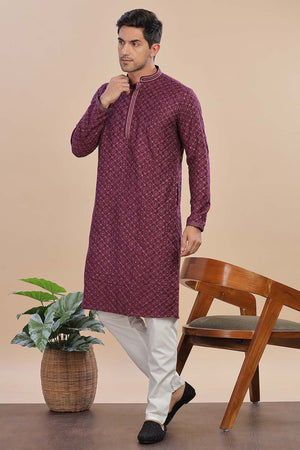 Red Sequin Rayon Men's Kurta Set