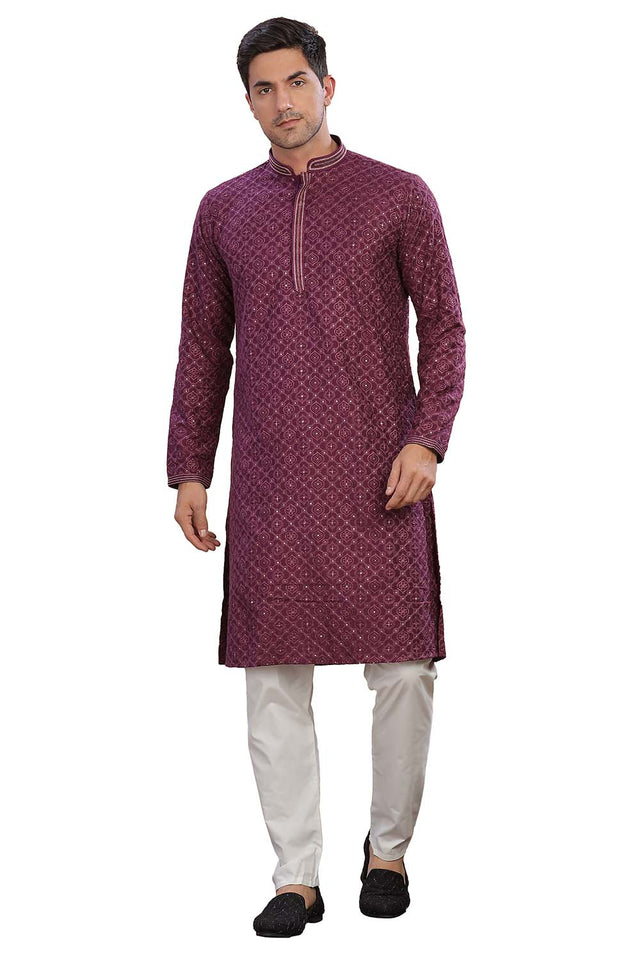 Red Sequin Rayon Men's Kurta Set