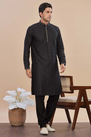 Black Sequin Rayon Men's Kurta Set