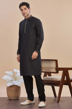 Black Sequin Rayon Men's Kurta Set