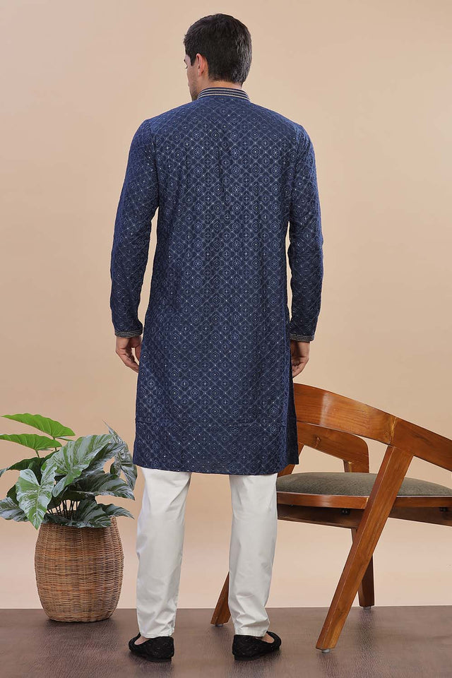 Blue Sequin Rayon Men's Kurta Set