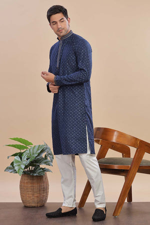 Blue Sequin Rayon Men's Kurta Set
