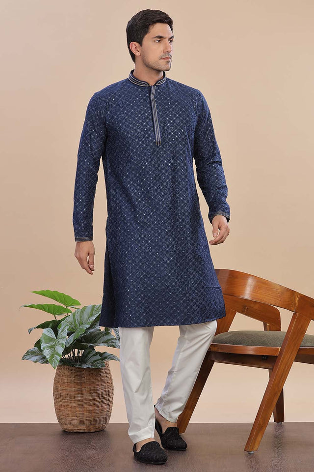 Blue Sequin Rayon Men's Kurta Set