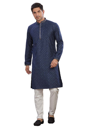 Blue Sequin Rayon Men's Kurta Set