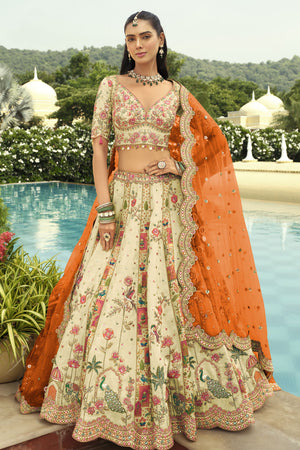 Off White Floral Embroidered Silk Lehenga
