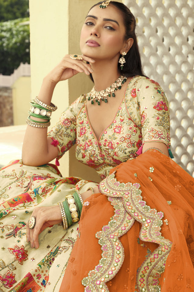 Off White Floral Embroidered Silk Lehenga