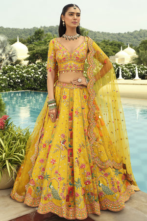 Yellow Floral Embroidered Silk Lehenga