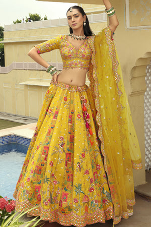 Yellow Floral Embroidered Silk Lehenga