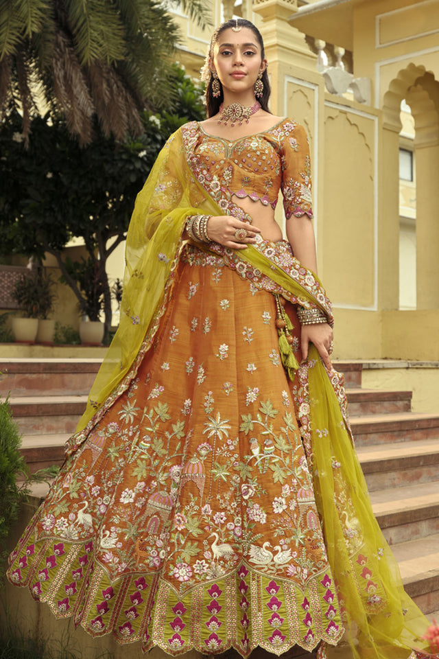 Mustard Floral Embroidered Silk Lehenga