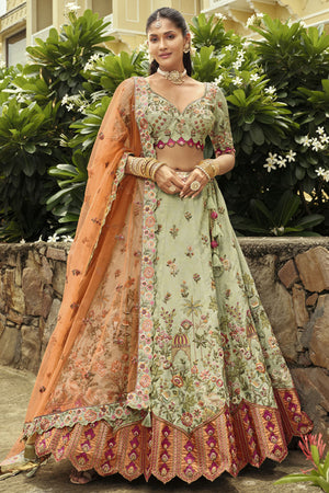 Green Floral Embroidered Silk Lehenga