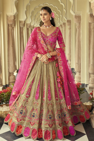 Beige Floral Embroidered Silk Lehenga