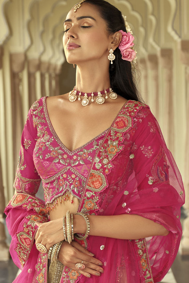 Beige Floral Embroidered Silk Lehenga