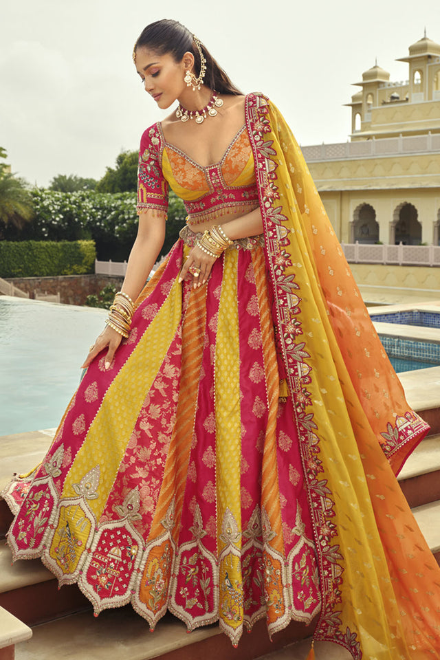 Yellow Floral Embroidered Silk Lehenga