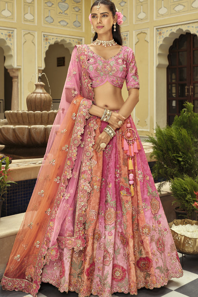 Pink Floral Embroidered Silk Lehenga
