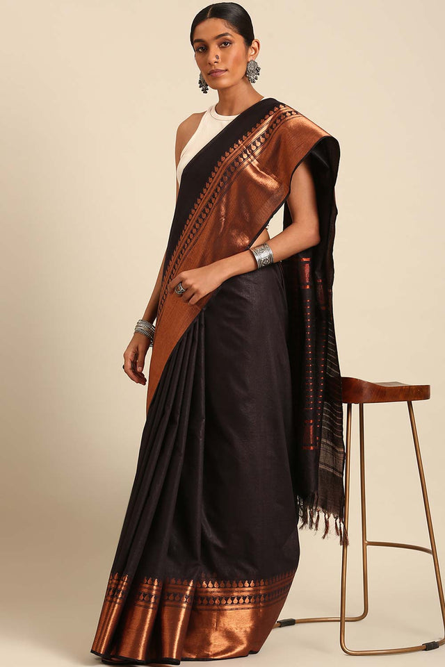 Black Silk Blend Woven Saree