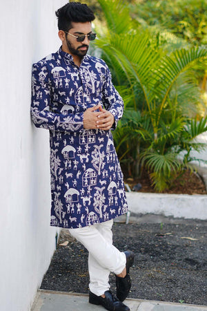 Blue Chickankari Silk Men's Kurta Set