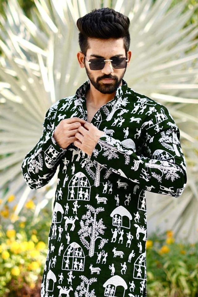 Green Chickankari Silk Men's Kurta Set