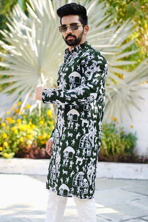 Green Chickankari Silk Men's Kurta Set