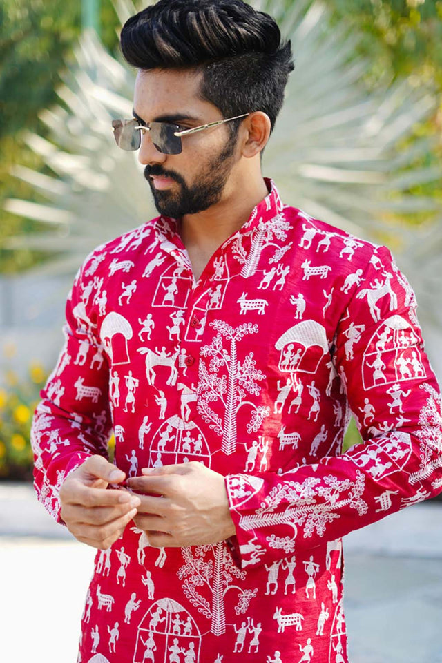Red Chickankari Silk Men's Kurta Set