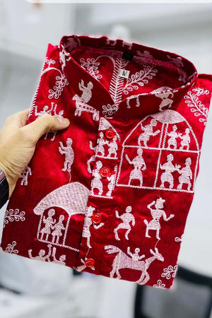 Red Chickankari Silk Men's Kurta Set