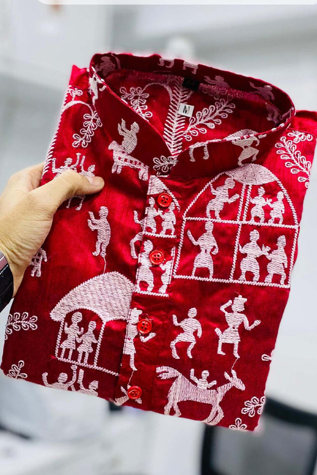 Red Chickankari Silk Men's Kurta Set