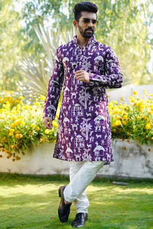 Violet Chickankari Silk Men's Kurta Set