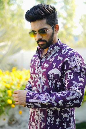 Violet Chickankari Silk Men's Kurta Set